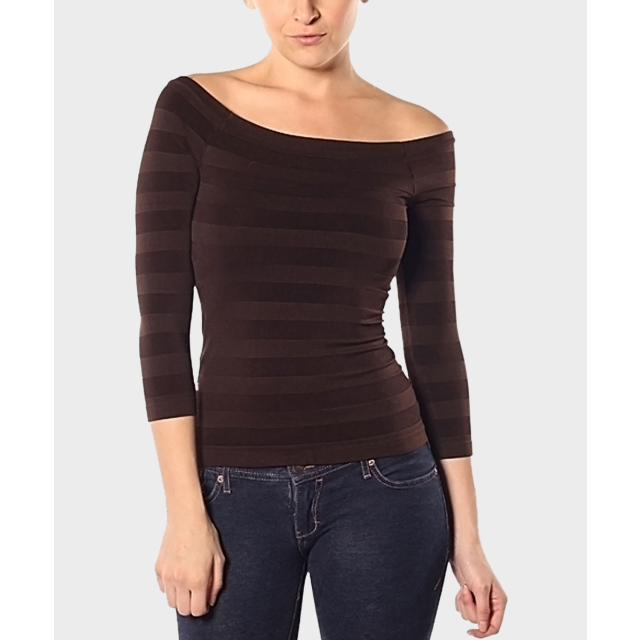 Striped Boat Neck Seamless 3/4 Sleeve Top