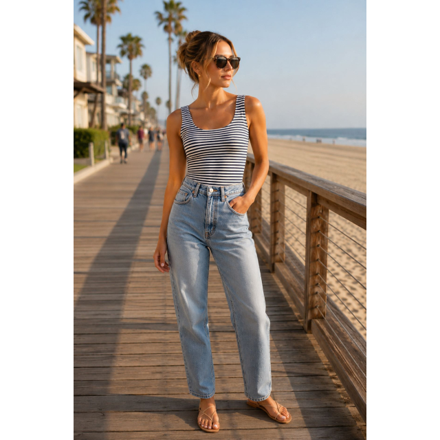 Navy Striped Scoop Neck Top