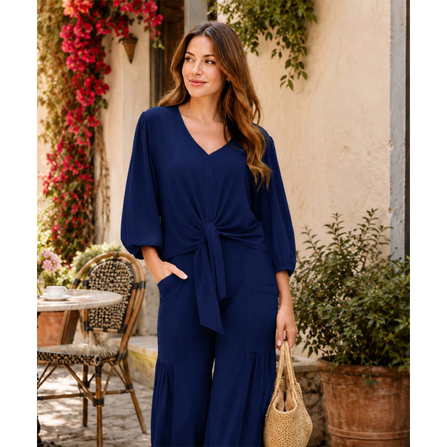 Tie Front V-Neck Top With Gathered Sleeves