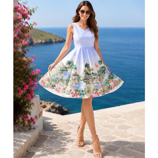 Fit & Flare Printed V Neck Dress