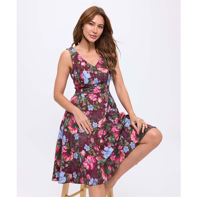 Fit & Flare Printed V Neck Dress