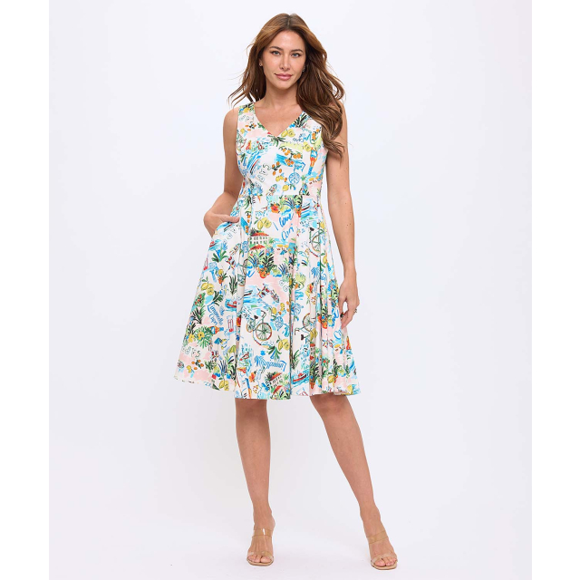 Fit & Flare Printed V Neck Dress