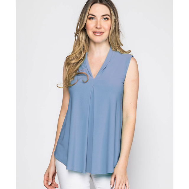 V-Neck Sleeveless Blouse Top with Front Pleat