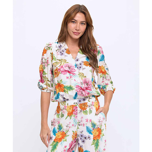 Long Sleeve Printed Woven V-Neck Crossover Top