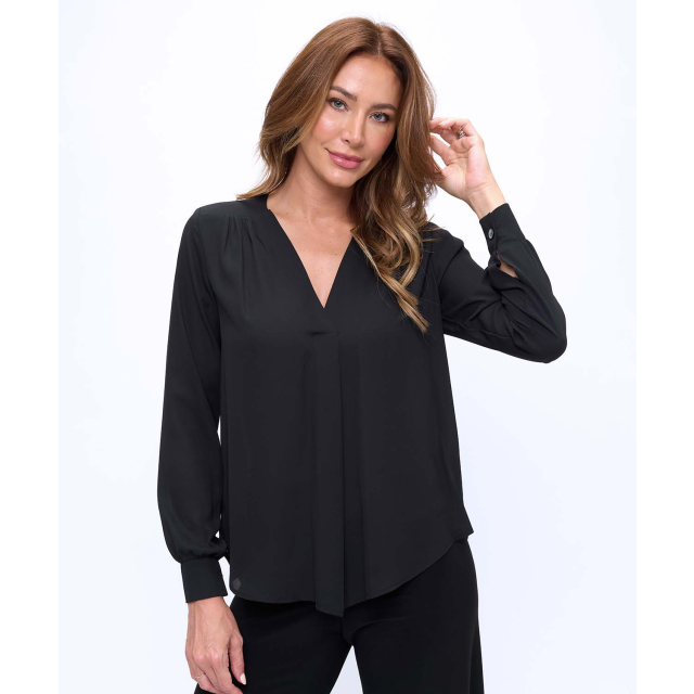 Long Sleeve V Neck Top With Front Pleat
