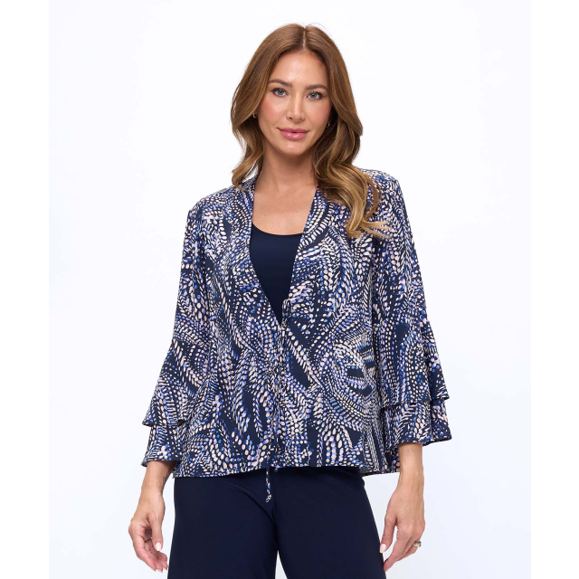 Open Tie-Front Ruffle Sleeve Printed Jacket