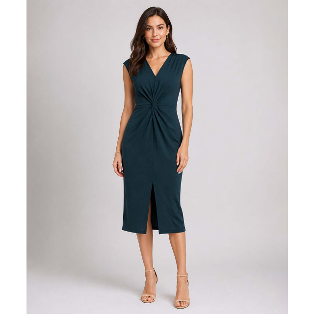 Sleeveless V-Neck Midi Dress, Front Twist & Split