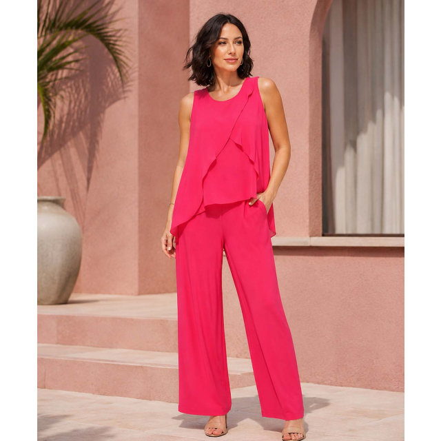Sleeveless Scoop Neck Jumpsuit with Asymmetrical Chiffon Overlay