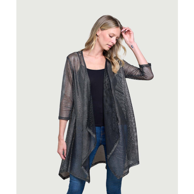 ¾ Sleeve Metallic Fishnet Open Front Duster
