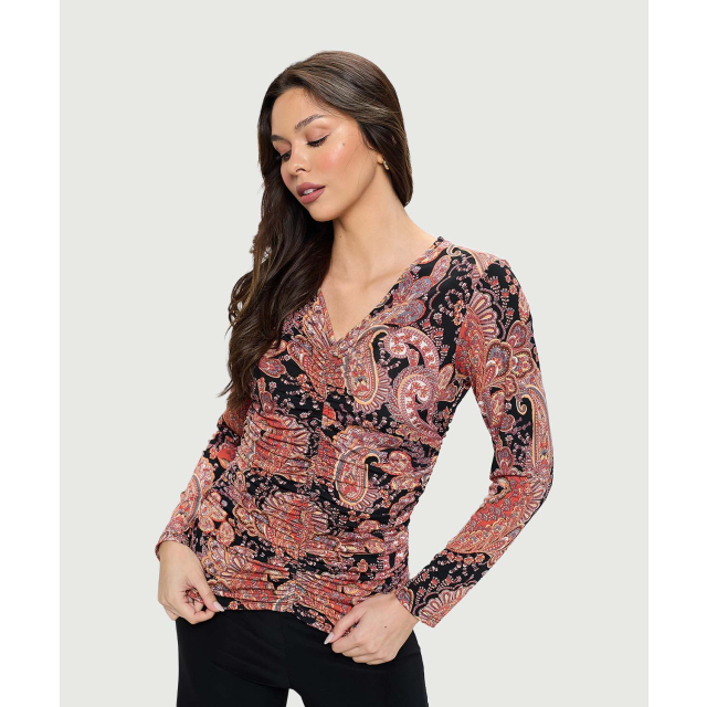 Printed Ruched V-Neck Long Sleeve Top