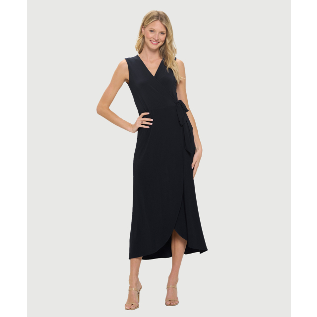 Sleeveless Midi A-Line Surplice Dress W/ Tulip Hem & Tie Waist