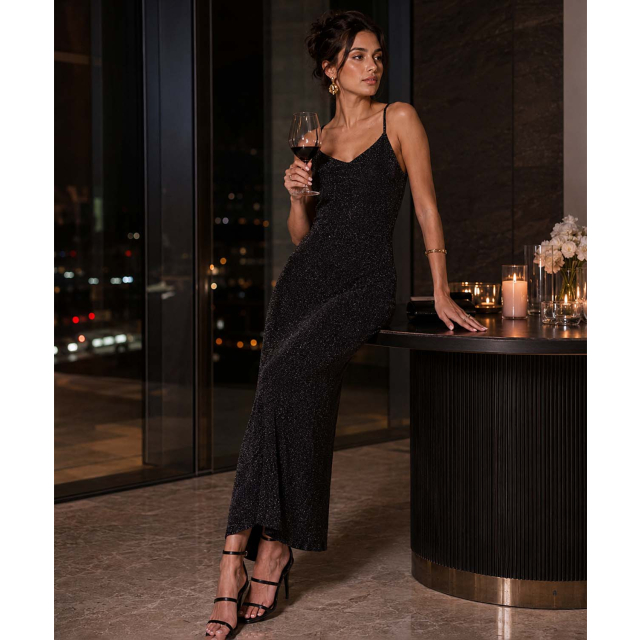 Spaghetti Strap Long Maxi Dress with Glitter Bodice
