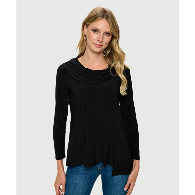 Asymmetrical Flowy Long Sleeve Cowl Neck Top with Slit