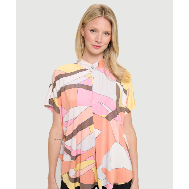 Printed Short-Sleeve V Neck Collared Button Top