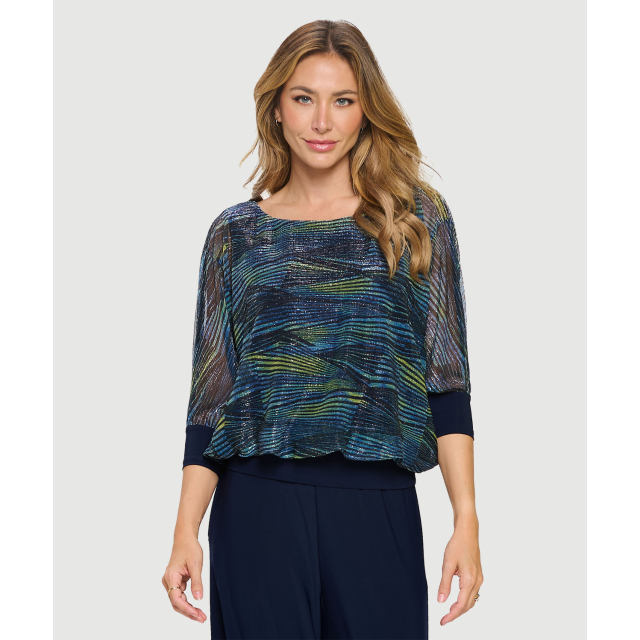 Printed Chiffon Dolman Top with Waistband and Half Jersey Sleeve
