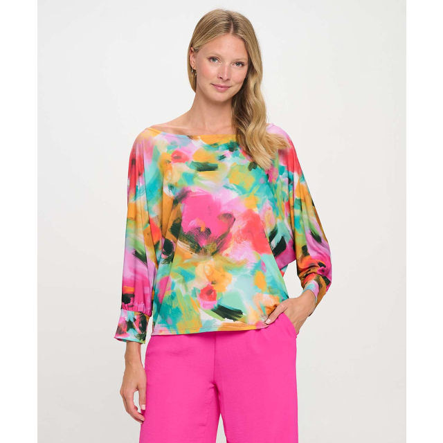 Boat Neck Batwing Printed Top with Arm Cuffs