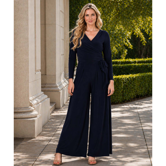 Long Sleeve Surplice Crossover Jumpsuit with Pleats