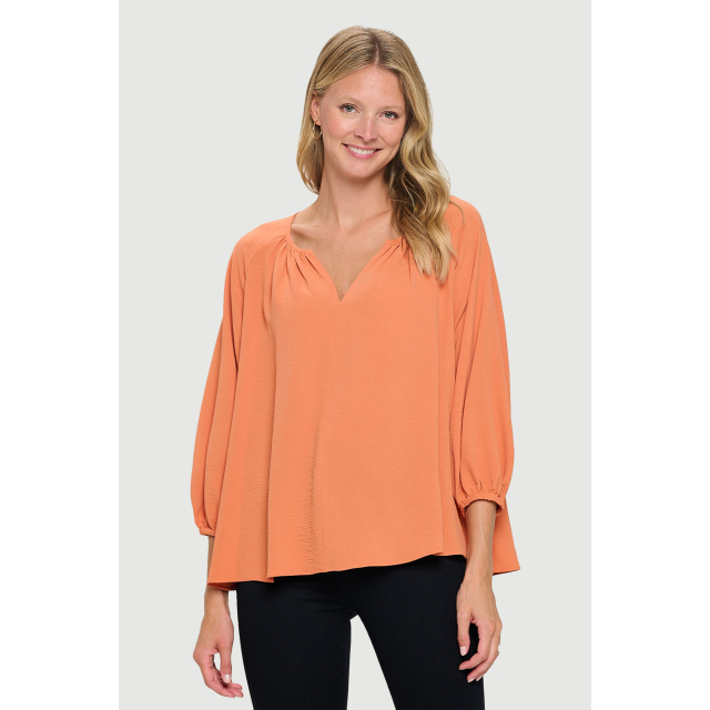 ¾ Sleeve V-Neck Airflow Top with Gathers and Neck Button