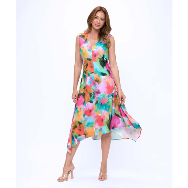 Asymmetrical Sleeveless V Neck Printed Dress with Side