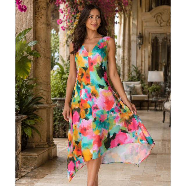 Asymmetrical Sleeveless V Neck Printed Dress with Side Ruching-