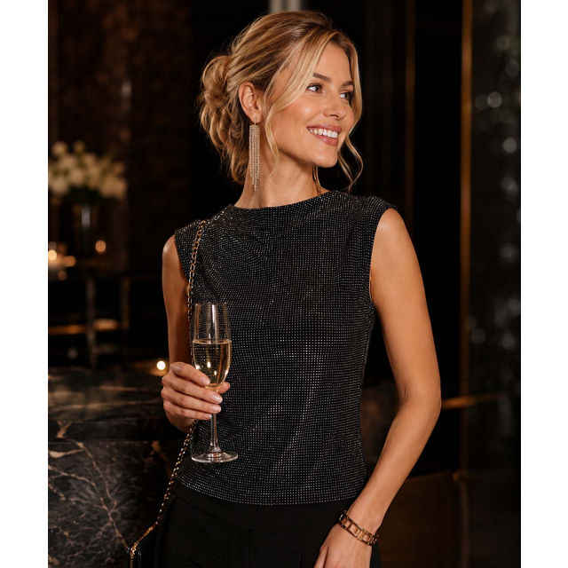 SLEEVELESS HIGH NECK GLITTER TANK WITH SIDE RUCHING