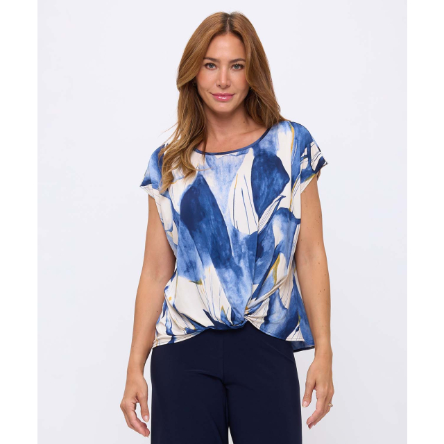 Twisted Front Cap Sleeve Printed Blouse
