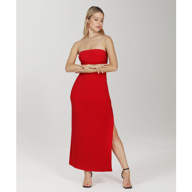 MIDI SLEEVELESS DRESS WITH RUCHED BODICE AND SIDE SLIT