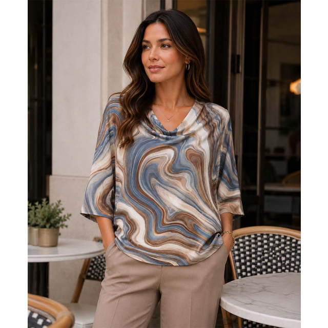 Printed High-Low Mid Sleeve Top With Collar