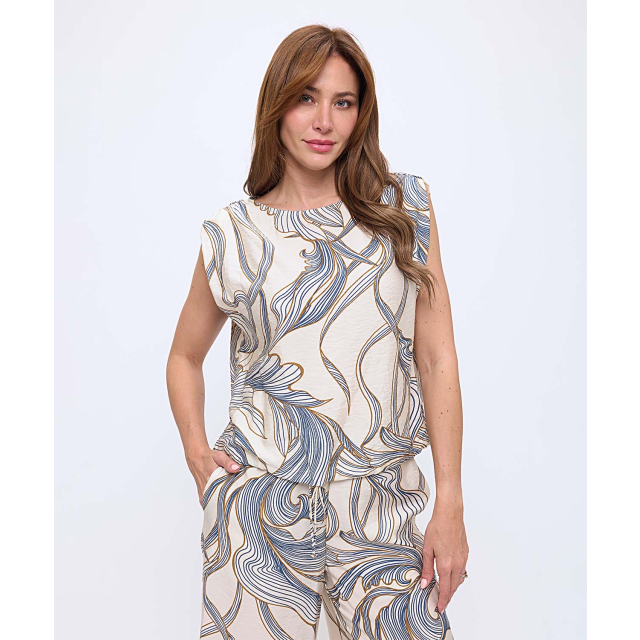Printed Sleeveless Ruched Shoulder Woven Top With Drawstring Hem