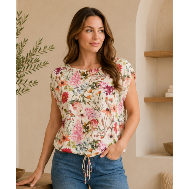 Sleeveless Ruched Shoulder Crepon Top With Drawstring Hem