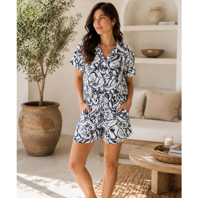 Printed Button Up Woven Top With Gathered Hem