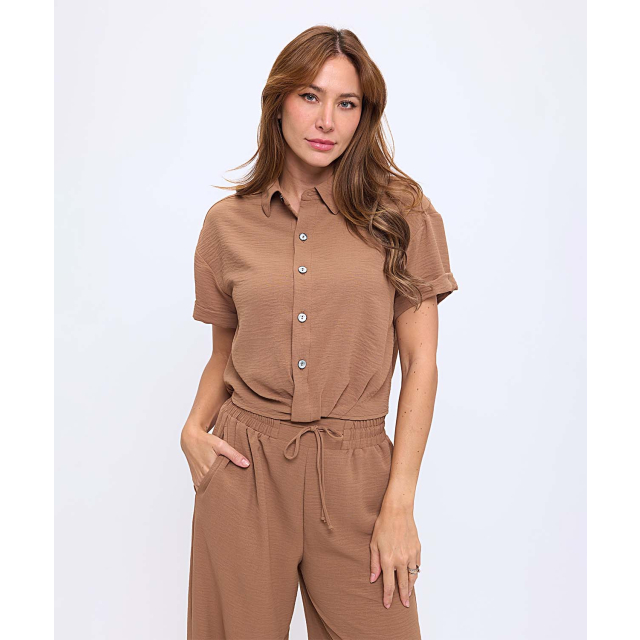 Button Up Woven Top With Gathered Hem