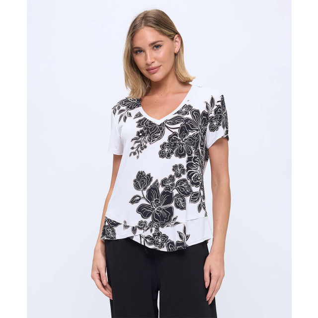 CAP SLEEVE PRINTED TOP WITH LAYERED HEM