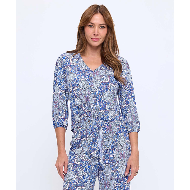 Tie Front V-Neck Printed Top With Gathered Sleeves