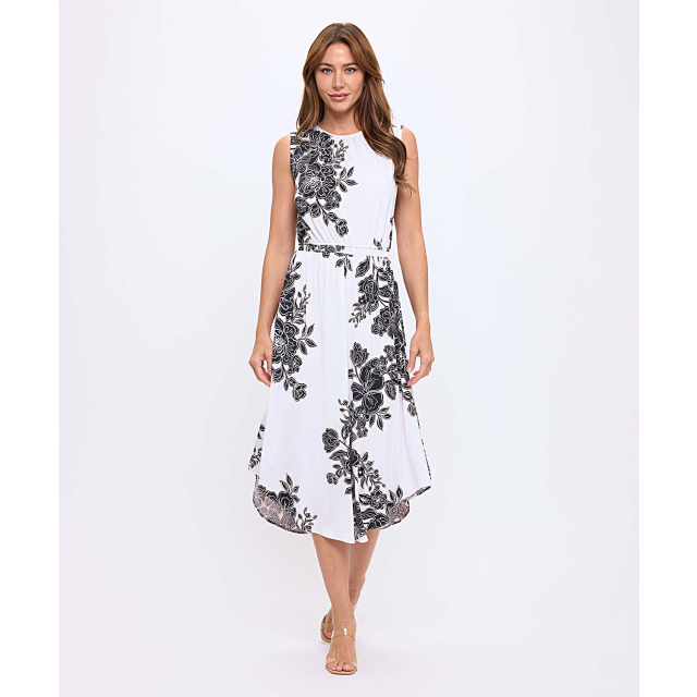 Printed Sleeveless Maxi Dress With Gathered Waist And Rounded Hem