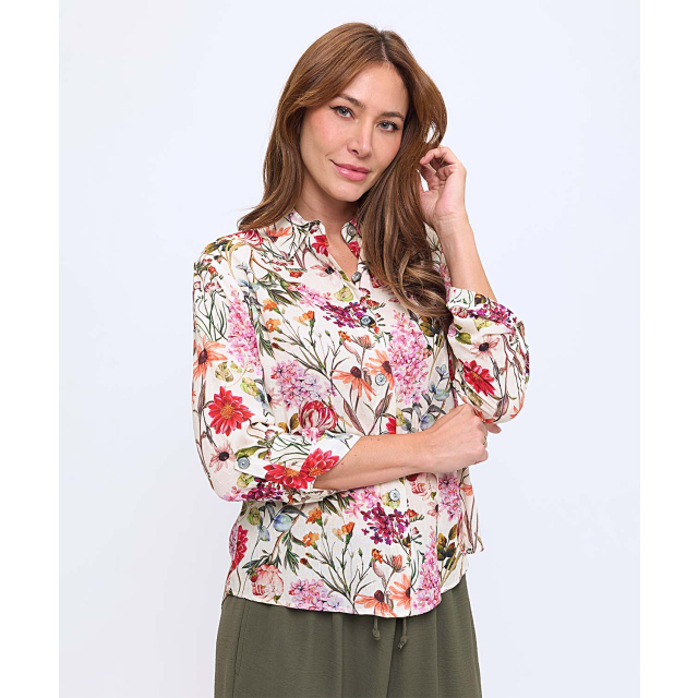 Long Sleeve Button Up Printed Crepon Top With Collar