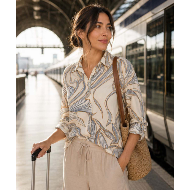 Long Sleeve Button Up Printed Woven Top With Collar