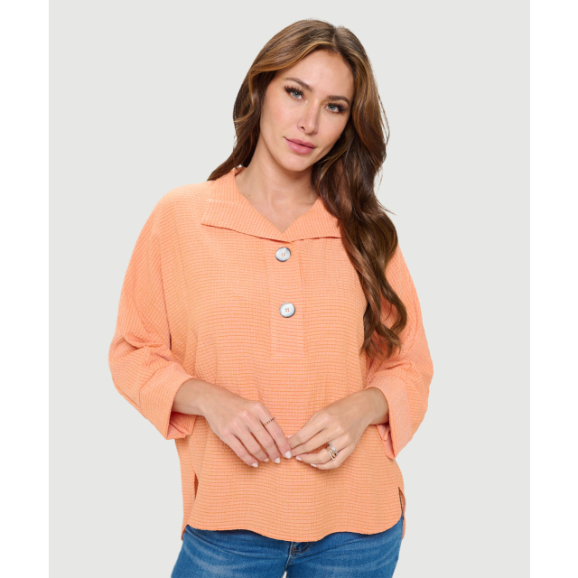 Collared Gauze Dolman Sleeve Top W/ Rounded Hem