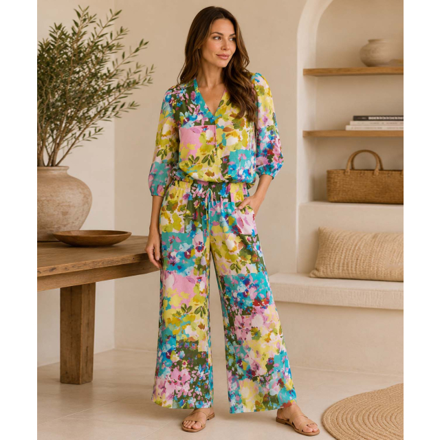 Wide Leg Crepon Printed Pant