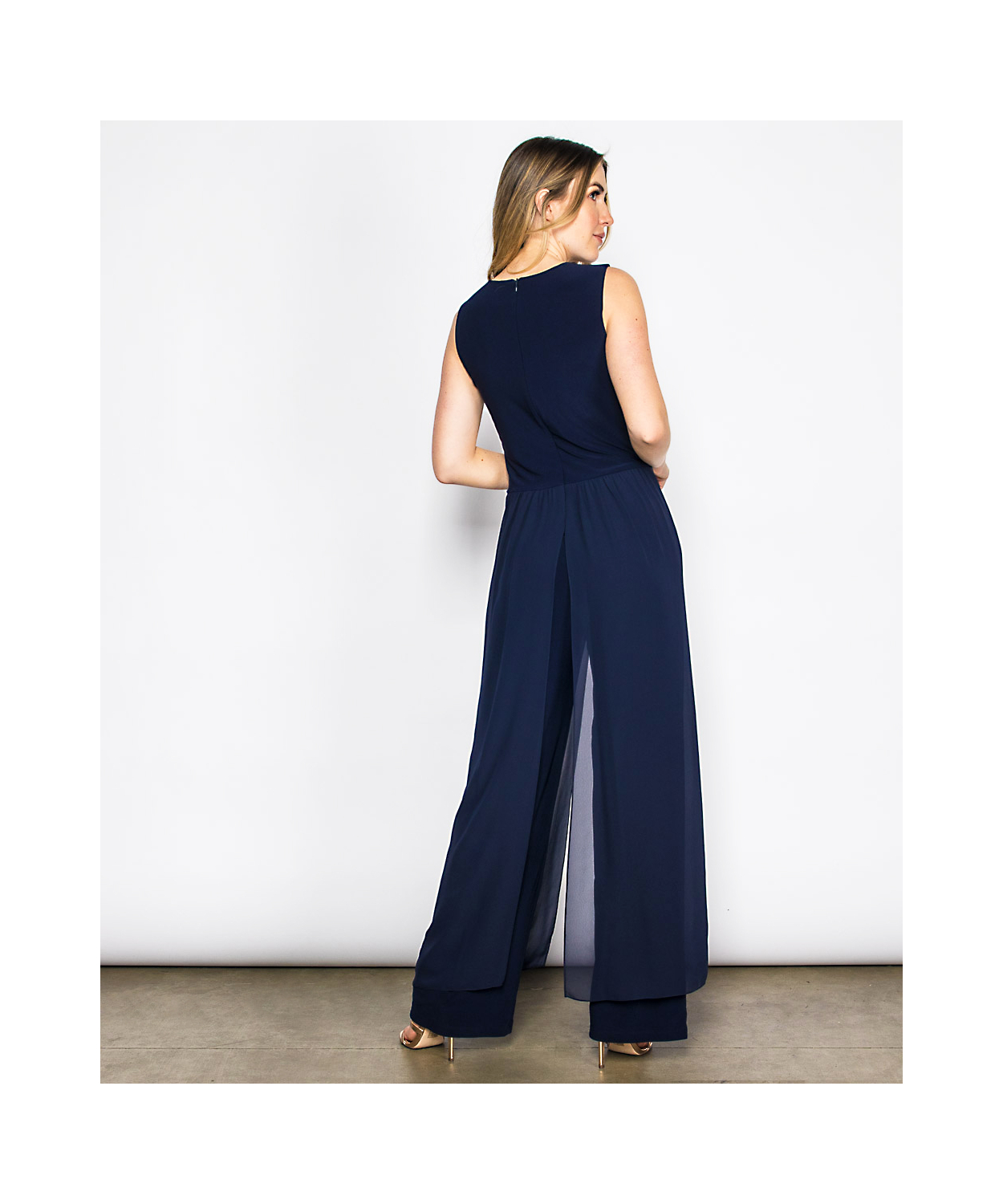 Sleeveless Jumpsuit with Chiffon Overlay