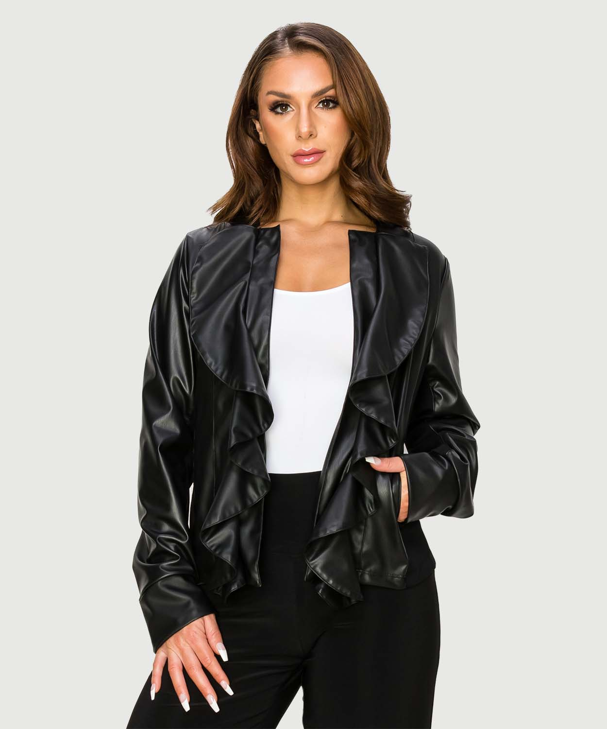 UNOF OVER FRILL JACKET Faux Leather Ruffle Jacket | Last Tango USA
