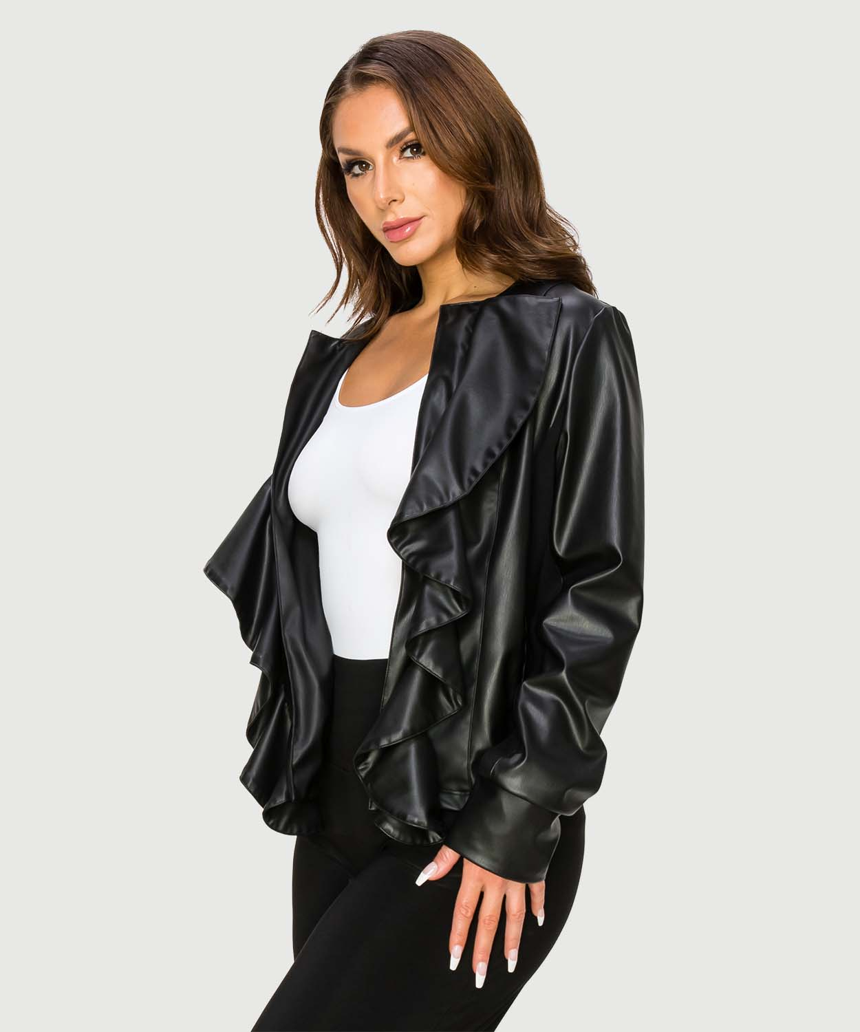 BIG SLEEVE FAUX LEATER ジャケット Long Sleeve Faux Leather Bolero Jacket – Popilush