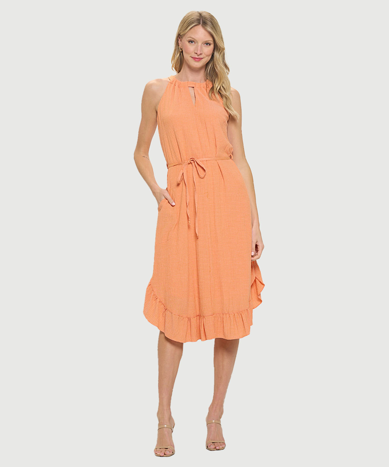 High Neck Halter Gauze Midi Dress W/ Keyhole, Ruffles & Tie