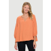¾ Sleeve V-Neck Airflow Top with Gathers and Neck Button