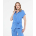 Cap Sleeve Woven Button Blouse with Draped Side Tie and Asymmetrical Hem
