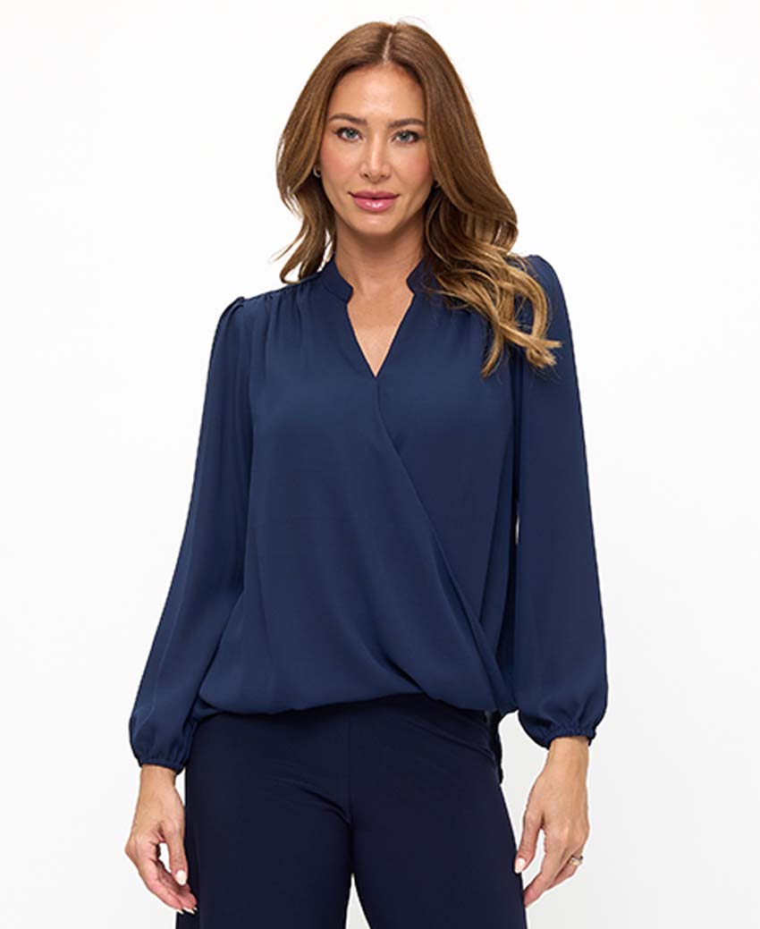 Last Tango Long Sleeve Crossover V Neck Blouse With Mandarin Collar 