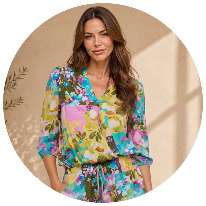 Long Sleeve Printed V Neck Crossover Blouse