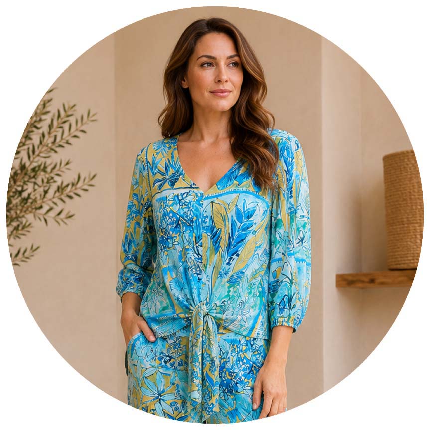 Tie Front V-Neck Printed Top With Gathered Sleeves