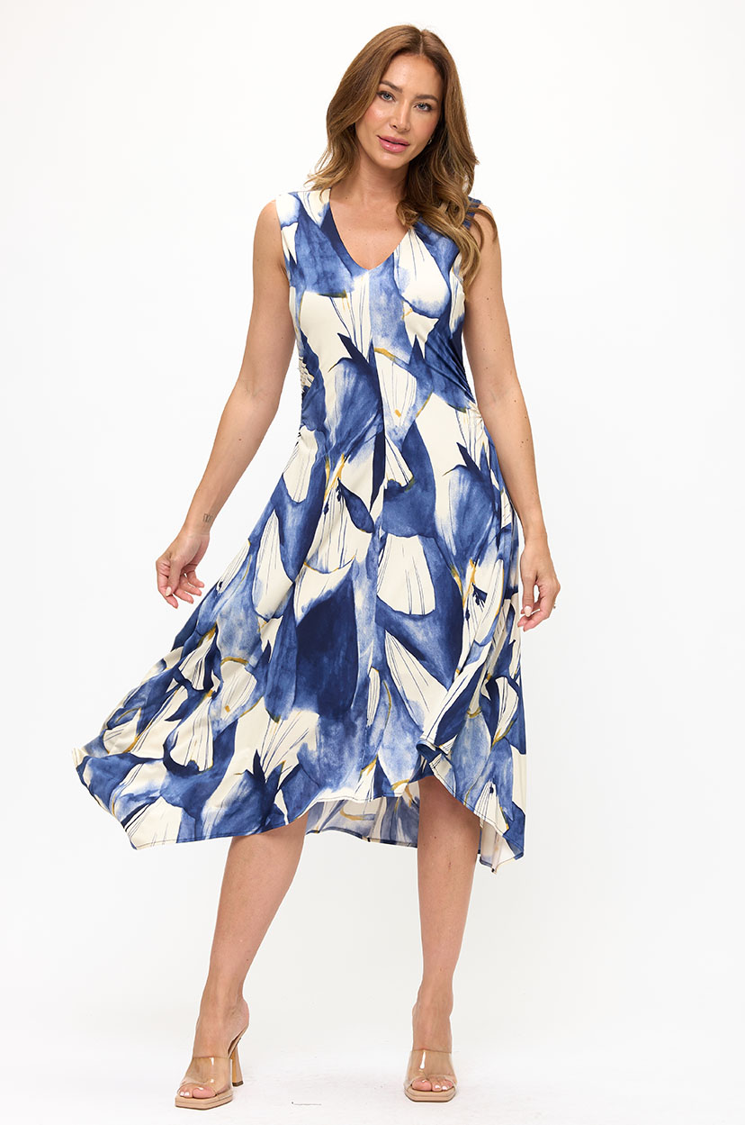 Asymmetrical Sleeveless V Neck Printed Dress with Side Ruching